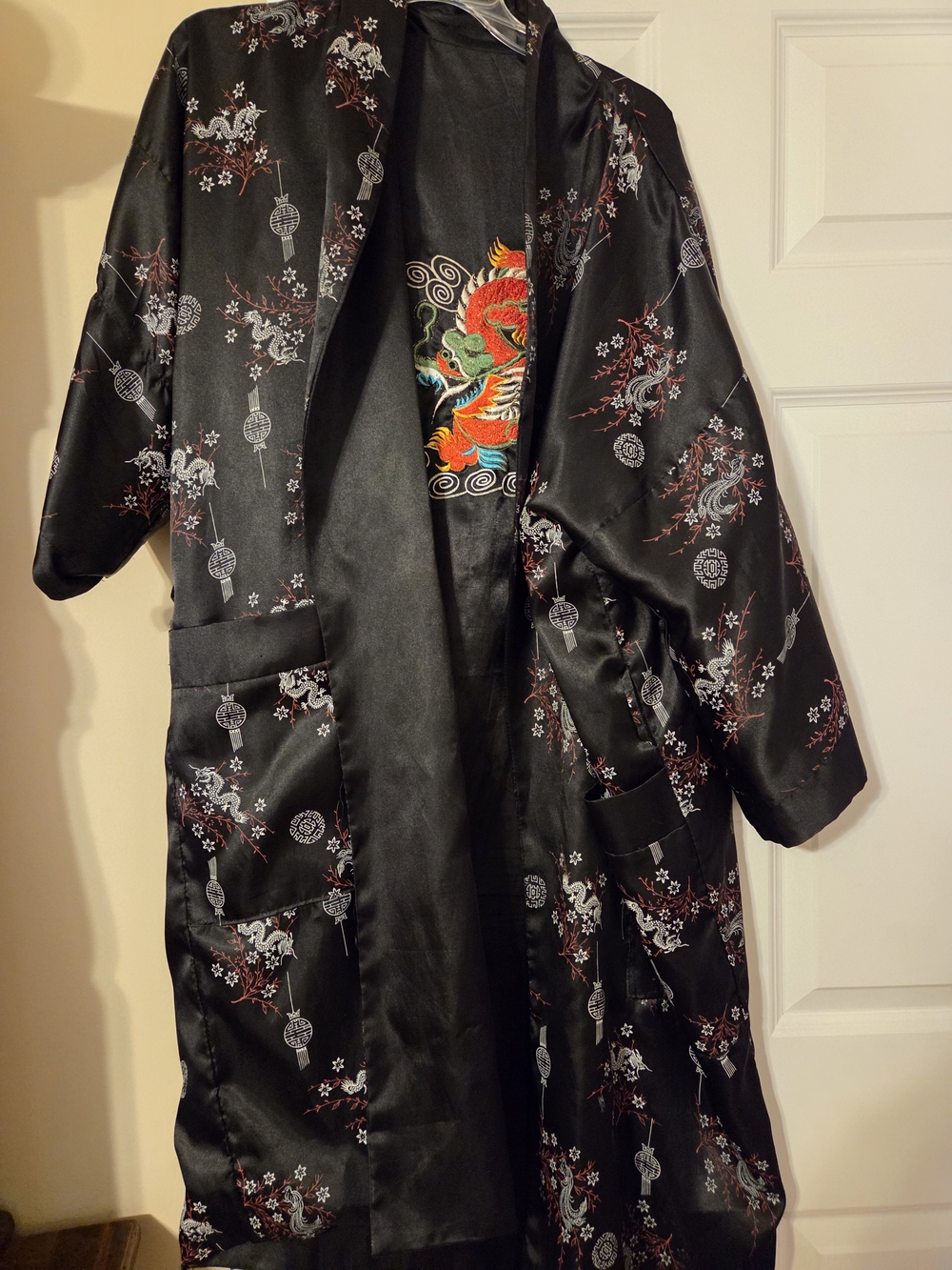 Authentic Black Satin Reversibl Kimono Colorful Dragon Embroidery Excellent